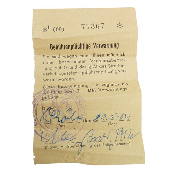 Vintage 1964 Traffic Ticket Warning Germany Ephemera Souvenir - Picture 1 of 5